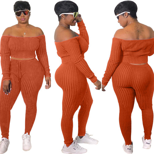 Autumn and winter 2021 fashion leisure sports knitted solid one shoulder set