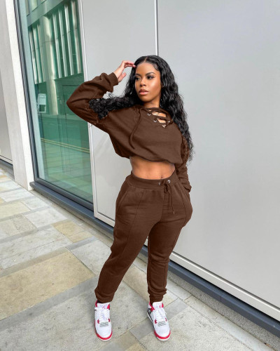 2021 autumn and winter leisure fashion women's wear solid color two-piece suit leisure sports suit