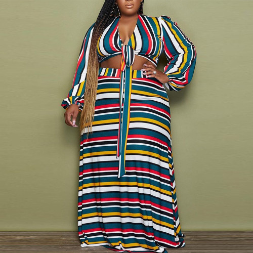2021 autumn / winter suit striped urban leisure fashion women's Dress Chiffon printed large two piece set