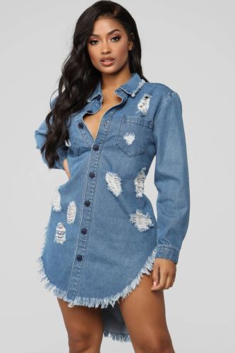 Jeans Dress with holes and tassels in autumn and winter 2021