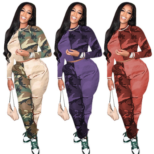 2021 autumn winter women's color blocking camouflage printing casual wide leg pants two-piece set