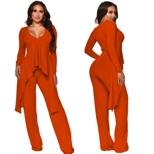 2021 autumn winter women's solid color casual V-neck knitted pants set