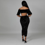 2021 autumn and winter set women's one-line chest wrap off shoulder sexy nightclub Sequin two-piece set