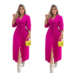 2021 autumn winter new women's sexy deep V waist closed solid color cardigan dress long skirt