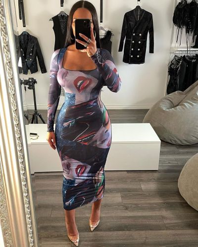 2021 autumn winter sexy tight positioning printed long sleeve dress long skirt