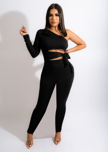 Aw2021 long style simple black lace up waistless temperament two piece set
