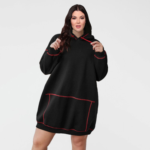 2021 autumn winter solid color straight tube loose hooded fashion casual large women's dress