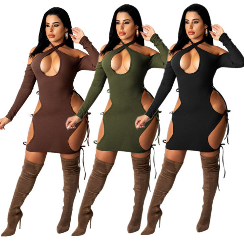 autumn and winter women's dress pit strip neck strap hollow out sexy dress