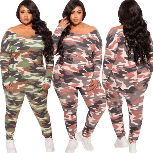 2021 autumn winter camouflage loose fashion casual two piece set large women's suit