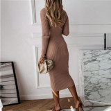 2021 autumn winter zipper V-neck pit stripe A-line skirt solid slim knit dress