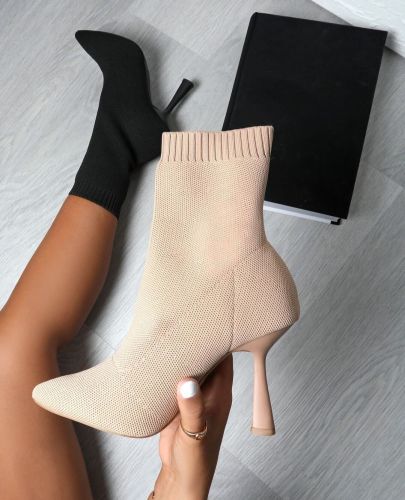 Autumn and winter plus size pointed toe knit mid-tube boots thick heel flying woven stretch ankle boots socks boots