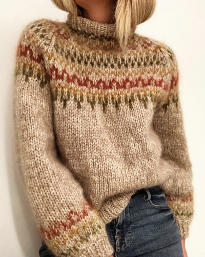 2021 autumn winter half high neck loose sweater soft waxy versatile printed sweater