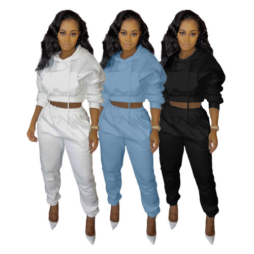 Aw2021 hooded solid color casual sports drawcord featured two piece set