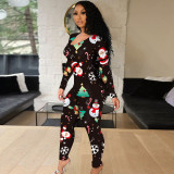 2021 autumn winter new sexy low chest large size Jumpsuit women's Christmas printed hollow out Jumpsuit