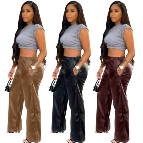 New solid color loose wide leg pocket PU leather pants in autumn and winter 2021
