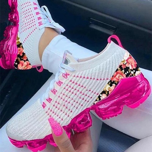 Large size women's shoes air cushion casual shoes flying woven color matching running shoes