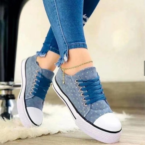 2021 new denim canvas shoes casual flat shoes low-top lace-up printing large size shoes