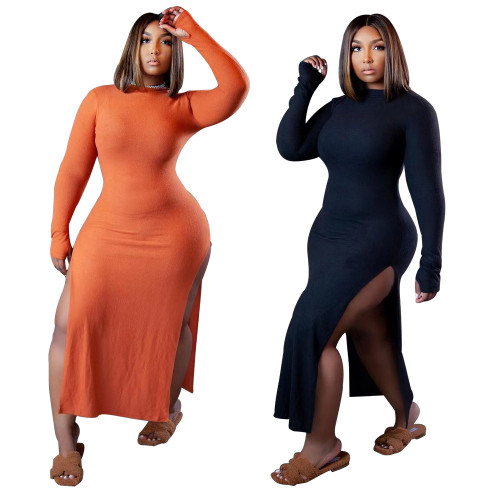 Plus size women's clothing solid color sexy dress with slit hem