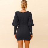 2021 autumn and winter women's new waist closing thin knitted dress lantern long sleeve Hip Wrap Skirt