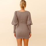 2021 autumn and winter women's new waist closing thin knitted dress lantern long sleeve Hip Wrap Skirt