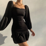 2021 autumn winter long sleeve bubble sleeve short skirt temperament slim dress