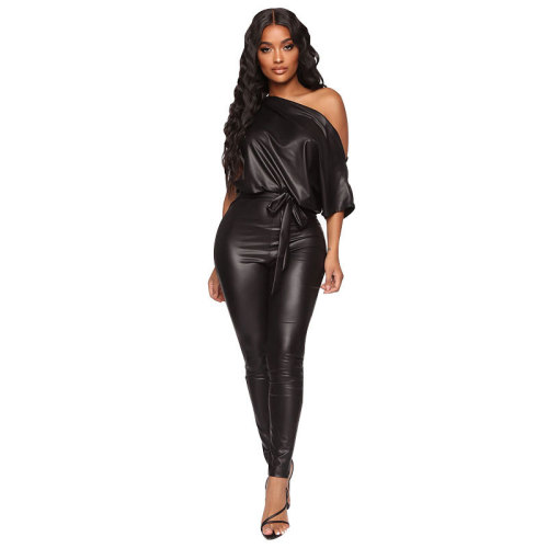 2021 autumn and winter PU leather pants new strap off shoulder leather Jumpsuit