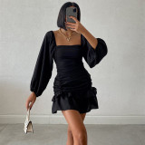 2021 autumn winter long sleeve bubble sleeve short skirt temperament slim dress