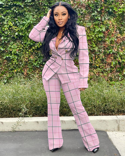 2021 autumn winter checked jacket casual suit wide leg two piece suit