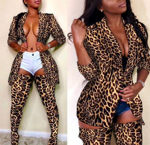 2021 autumn winter fashion leopard print suit slim fit two-piece set