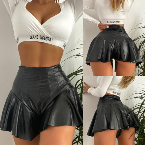 2021 autumn and winter PU leather casual pants pleated trouser skirt wrapped hip A-shaped shorts leather skirt ruffled leather pants