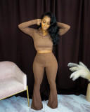 2021 autumn winter pit strip cotton solid color long sleeve sexy navel exposed leisure sports flared pants set