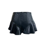 2021 autumn and winter PU leather casual pants pleated trouser skirt wrapped hip A-shaped shorts leather skirt ruffled leather pants