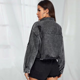 2021 autumn winter women's denim jacket fashion burr hole denim jacket