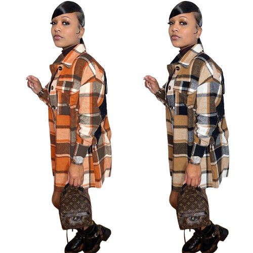 Autumn and winter 2021 medium long casual fashion classic lattice single row button tassel wool coat women's wear