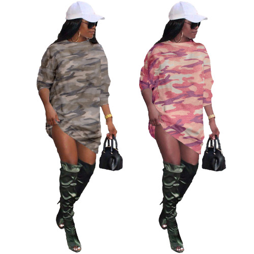 2021 autumn winter urban street leisure camouflage printed long T-shirt skirt