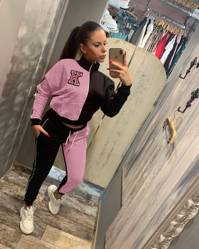 2021 autumn and winter popular women's letter color blocking fashion leisure sports two-piece set