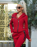 2021 autumn and winter popular women's wear solid color zipper fashion leisure sports two-piece set