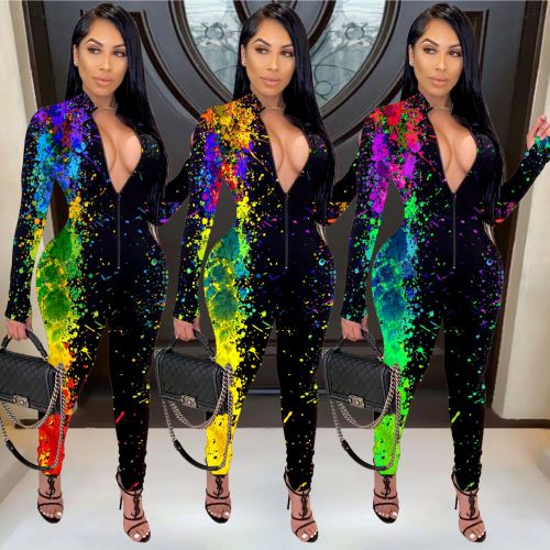 Fall/Winter 2021 new tie-dye gradient v-neck long-sleeved jumpsuit with splashed ink tights
