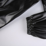 2021 autumn and winter mid-length drawstring zipper loose PU leather sweater