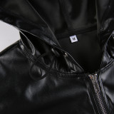 2021 autumn and winter mid-length drawstring zipper loose PU leather sweater