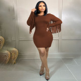 Plus size women's fashion sexy solid color fringed back dress