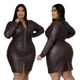2021 plus size women's clothing autumn sexy tight-fitting long-sleeved leather PU shirt dress