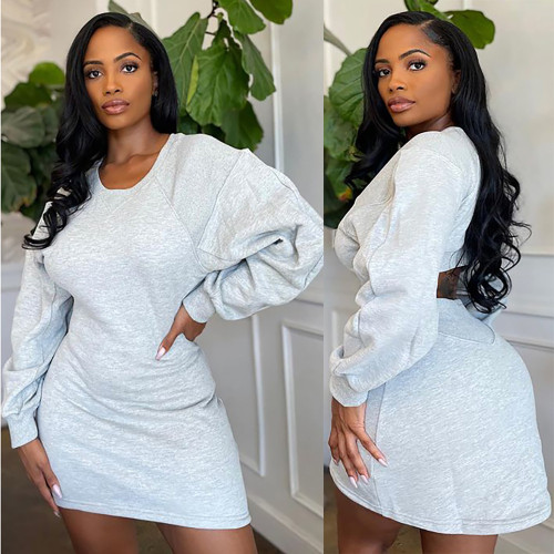 Casual solid color round neck long-sleeved sweater short fake two-piece dress