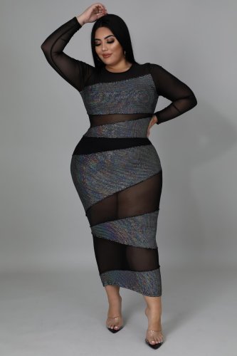 Large size dress see-through long-sleeved dress