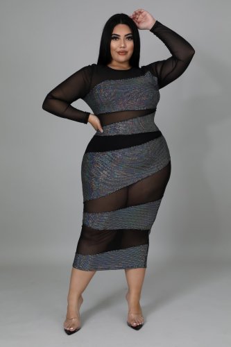 Large size dress see-through long-sleeved dress