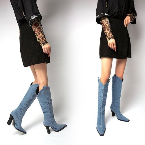 Thick-heeled cowboy boots, pointed toe boots, plus size knight boots