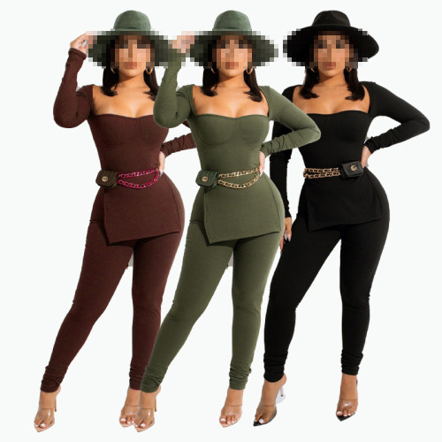 2021 autumn and winter women's wear hip lifting tight thin waist split hem personalized two-piece set