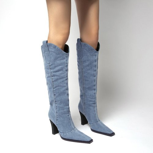 Thick-heeled cowboy boots, pointed toe boots, plus size knight boots