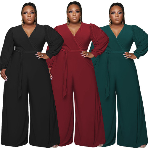 Autumn and winter 2021 large women's casual V-neck wide leg Jumpsuit (including belt)