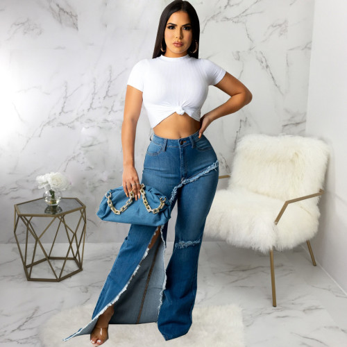 Fashion slim wide-leg washed ripped jeans flared pants